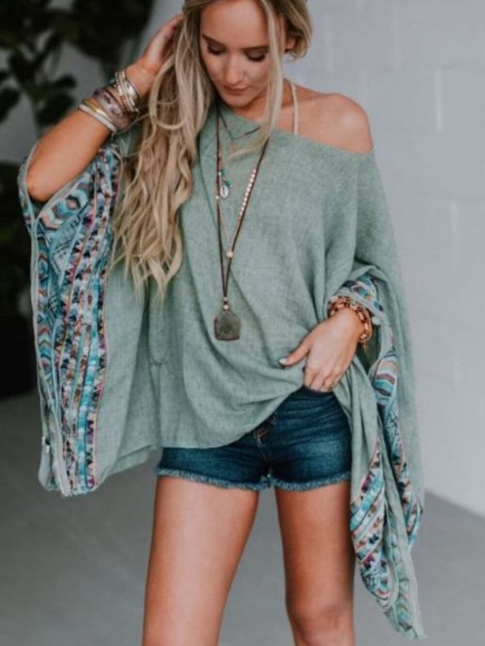 Three Bird Nest Fallon Embroidered Sleeve Poncho, Sage, OS